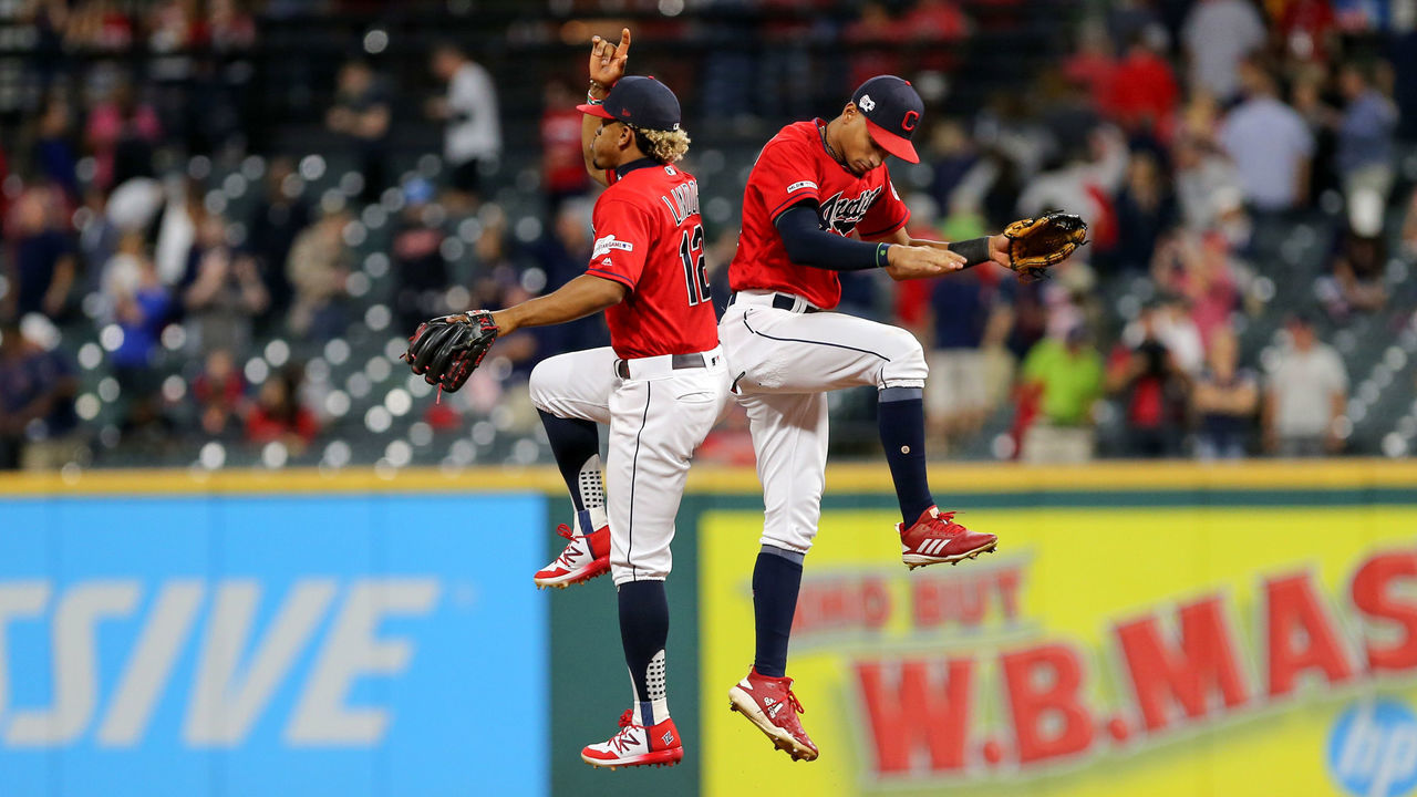 CLEVELAND, OH - SEPTEMBER 17: Cleveland Indians shortstop Francisco Lindor (12) and Cleveland Indians center fielder Oscar Mercado (35) celebrate following the Major League Baseball game between the Detroit Tigers and Cleveland Indians on September 17, 2019, at Progressive Field in Cleveland, OH.