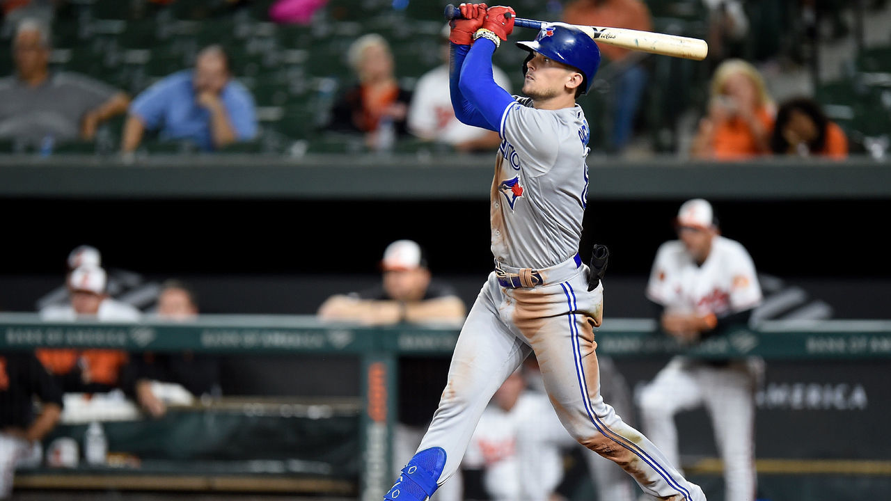 BALTIMORE, MD - SEPTEMBER 17: Cavan Biggio #8 of the Toronto Blue Jays hits a two-run triple in the ninth inning against the Baltimore Orioles at Oriole Park at Camden Yards on September 17, 2019 in Baltimore, Maryland. Biggio hit for the cycle in the game.