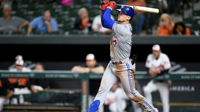 BALTIMORE, MD - SEPTEMBER 17: Cavan Biggio #8 of the Toronto Blue Jays hits a two-run triple in the ninth inning against the Baltimore Orioles at Oriole Park at Camden Yards on September 17, 2019 in Baltimore, Maryland. Biggio hit for the cycle in the game.