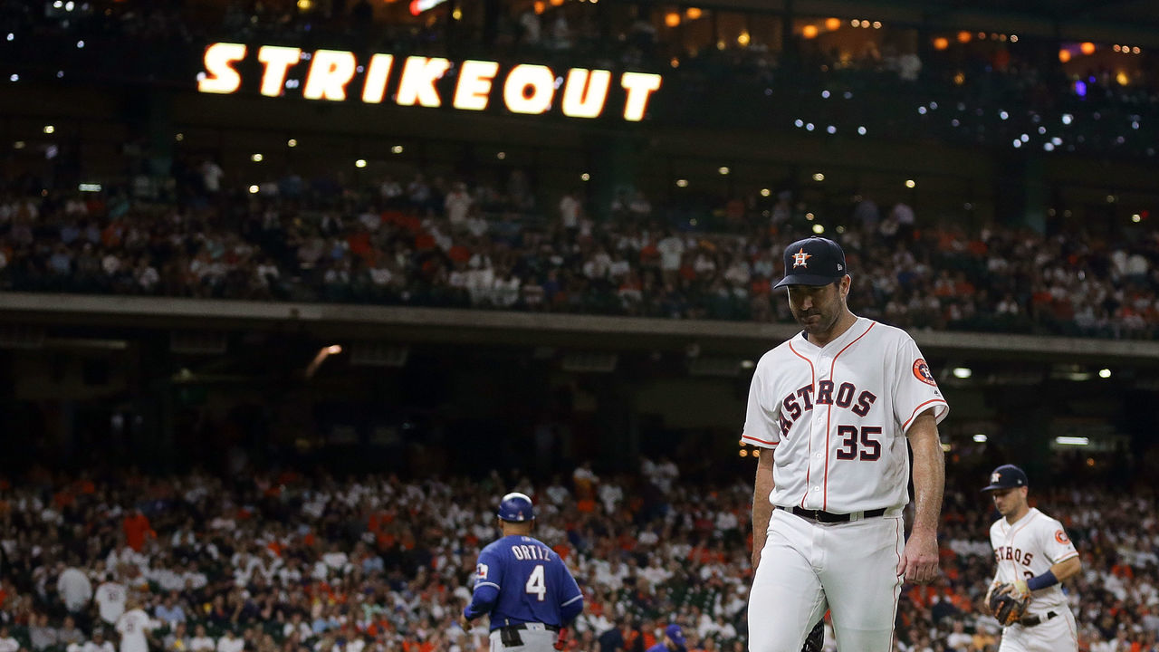 HOUSTON, TEXAS - SEPTEMBER 17: Justin Verlander #35 of the Houston Astros walks off the mound after striking out Nick Solak #15 of the Texas Rangers in the seventh inning at Minute Maid Park on September 17, 2019 in Houston, Texas.