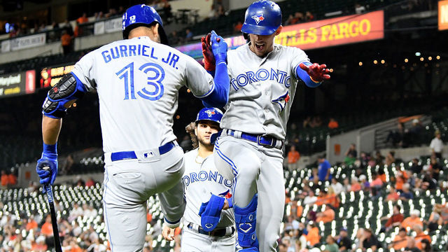 BALTIMORE, MD - SEPTEMBER 17: Cavan Biggio #8 of the Toronto Blue Jays celebrates with Lourdes Gurriel Jr. #13 after hitting a two-run home run in the third inning against the Baltimore Orioles at Oriole Park at Camden Yards on September 17, 2019 in Baltimore, Maryland.