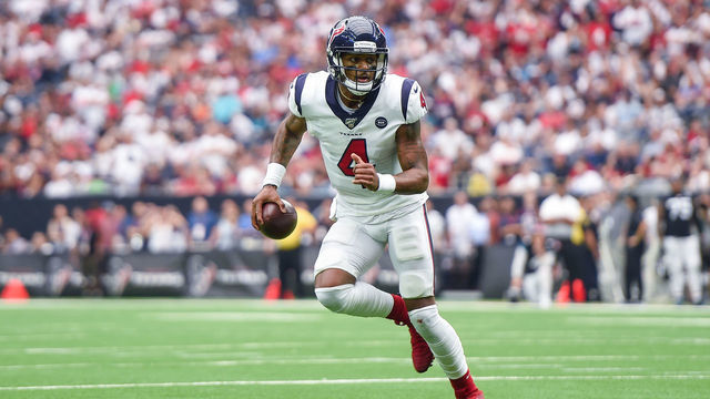 HOUSTON, TX - SEPTEMBER 15: Houston Texans quarterback Deshaun Watson (4) scrambles during the football game between the Houston Texans and Jacksonville Jaguars at NRG Stadium on September 15, 2019 in Houston, Texas.
