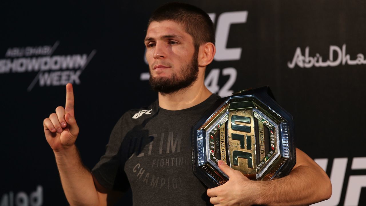 ABU DHABI, UNITED ARAB EMIRATES - SEPTEMBER 06: Khabib Nurmagomedov poses for a photo during a press conference after his UFC Lightweight Championship match against Dustin Poirier (not seen) at Yas Island in Abu Dhabi, United Arab Emirates on September 6, 2019.