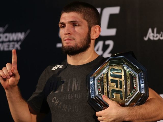 ABU DHABI, UNITED ARAB EMIRATES - SEPTEMBER 06: Khabib Nurmagomedov poses for a photo during a press conference after his UFC Lightweight Championship match against Dustin Poirier (not seen) at Yas Island in Abu Dhabi, United Arab Emirates on September 6, 2019.