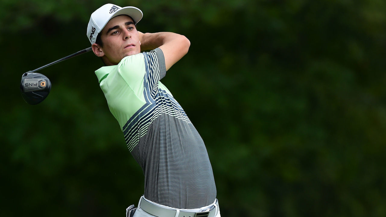 WHITE SULPHUR SPRINGS, WEST VIRGINIA - SEPTEMBER 13: Joaquin Niemann of Chile plays his shot from the sixth tee during the second round of A Military Tribute At The Greenbrier held at the Old White TPC course on September 13, 2019 in White Sulphur Springs, West Virginia.