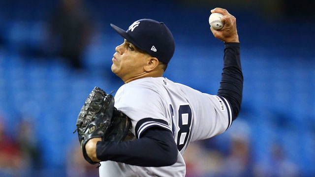 TORONTO, ON - SEPTEMBER 15: Dellin Betances #68 of the New York Yankees delivers a pitch in the fourth inning during a MLB game against the Toronto Blue Jays at Rogers Centre on September 15, 2019 in Toronto, Canada.