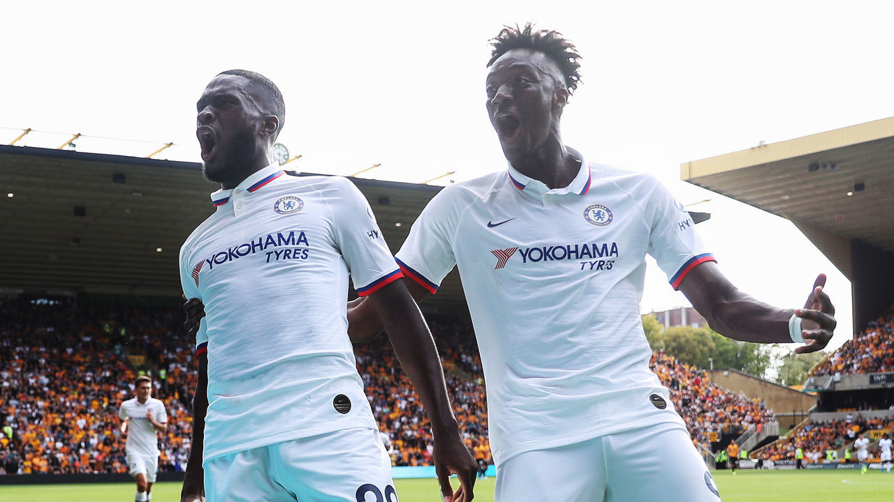 Chelsea's Fikayo Tomori celebrates scoring their first goal with Tammy Abraham Wolverhampton Wanderers v Chelsea - Premier League - Molineux 14-09-2019 .