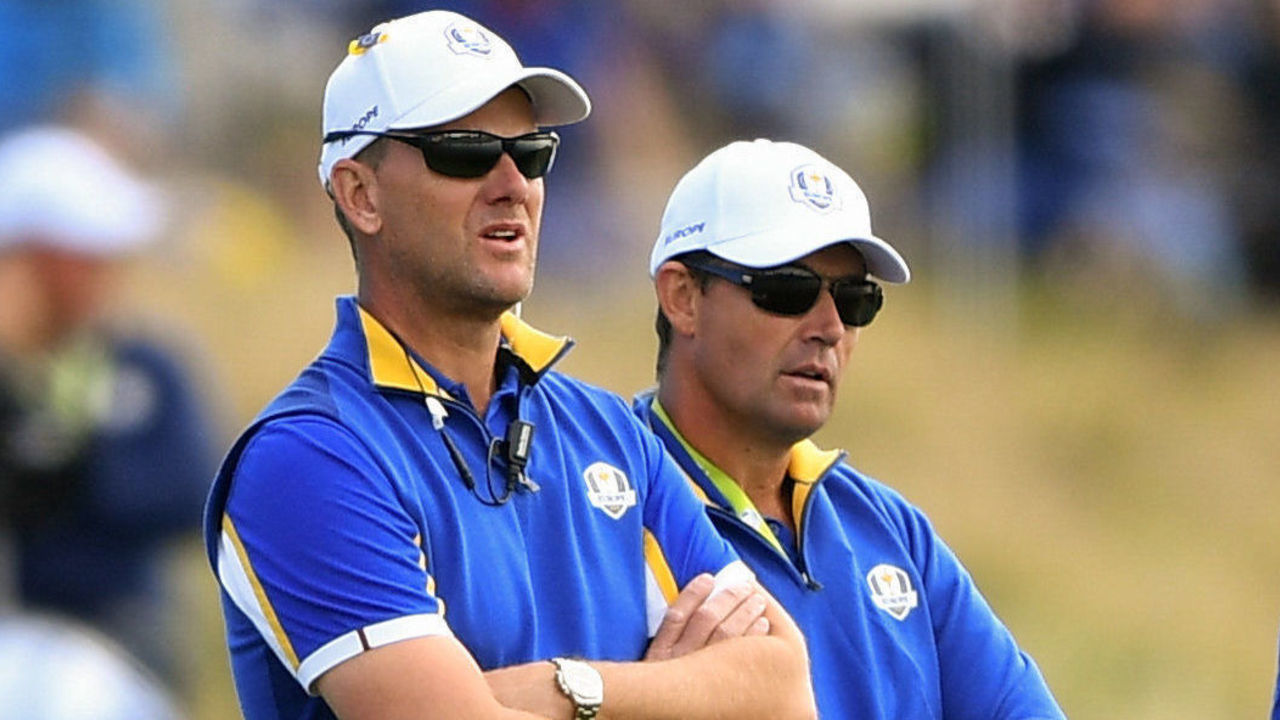 Paris , France - 30 September 2018; Europe vice-captains, from left, Robert Karlsson, Pádraig Harrington and Lee Westwood during the Ryder Cup 2018 Matches at Le Golf National in Paris, France.