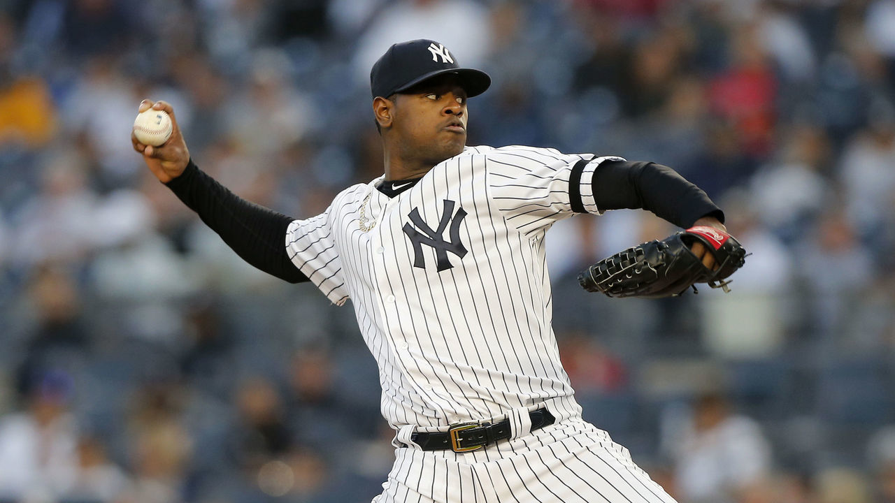 NEW YORK, NEW YORK - SEPTEMBER 17: Luis Severino #40 of the New York Yankees in action against the Los Angeles Angels of Anaheim at Yankee Stadium on September 17, 2019 in New York City. The Yankees defeated the Angels 8-0.