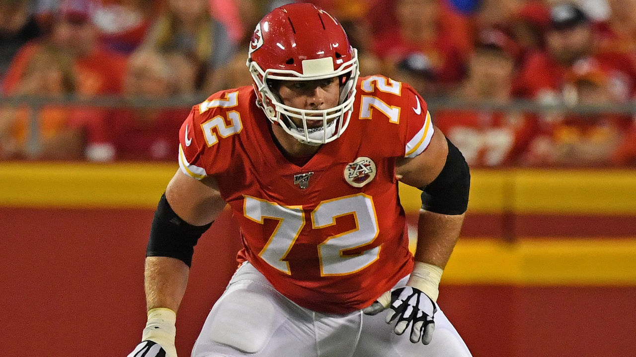 KANSAS CITY, MO - AUGUST 24: Offensive tackle Eric Fisher #72 of the Kansas City Chiefs gets set on the line during the first half of a pre-season game against the San Francisco 49ers at Arrowhead Stadium on August 24, 2019 in Kansas City, Missouri.