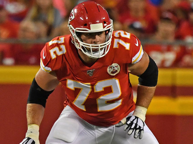 KANSAS CITY, MO - AUGUST 24: Offensive tackle Eric Fisher #72 of the Kansas City Chiefs gets set on the line during the first half of a pre-season game against the San Francisco 49ers at Arrowhead Stadium on August 24, 2019 in Kansas City, Missouri.