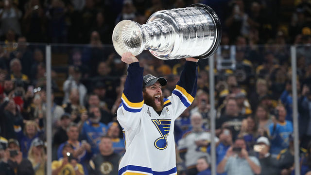 BOSTON, MASSACHUSETTS - JUNE 12: Alex Pietrangelo #27 of the St. Louis Blues celebrates with the Stanley Cup after defeating the Boston Bruins in Game Seven to win the 2019 NHL Stanley Cup Final at TD Garden on June 12, 2019 in Boston, Massachusetts.