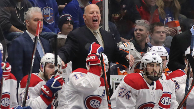 UNIONDALE, NEW YORK - MARCH 14: Head coach Claude Julien complains about a second period penalty during the game against the New York Islanders at NYCB Live's Nassau Coliseum on March 14, 2019 in Uniondale, New York.
