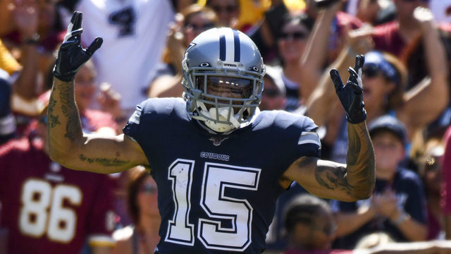 LANDOVER, MD - SEPTEMBER 15: Dallas Cowboys wide receiver Devin Smith (15) celebrates after catching a 51 yard touchdown pass in the first quarter against the Washington Redskins on September 15, 2019, at FedEx Field in Landover, MD.