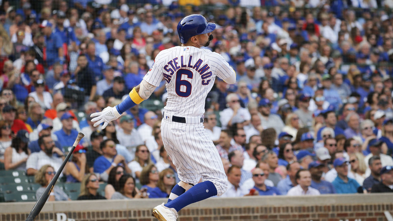 CHICAGO, ILLINOIS - SEPTEMBER 13: Nicholas Castellanos #6 of the Chicago Cubs hits a two run home run during the first inning of a game against the Pittsburgh Pirates at Wrigley Field on September 13, 2019 in Chicago, Illinois.