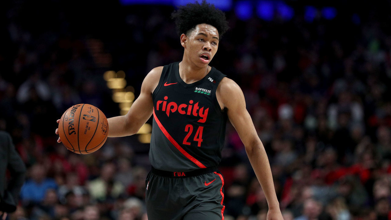 PORTLAND, OR - APRIL 10: Anfernee Simons #24 of the Portland Trail Blazers dribbles against the Sacramento Kings in the first quarter during their game at Moda Center on April 10, 2019 in Portland, Oregon.