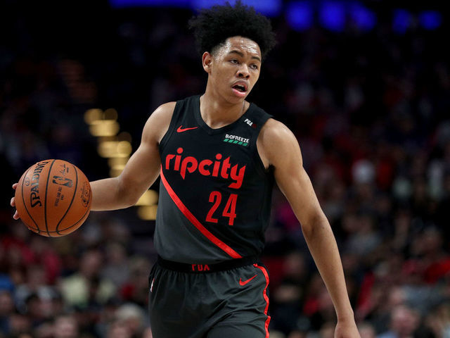 PORTLAND, OR - APRIL 10: Anfernee Simons #24 of the Portland Trail Blazers dribbles against the Sacramento Kings in the first quarter during their game at Moda Center on April 10, 2019 in Portland, Oregon.