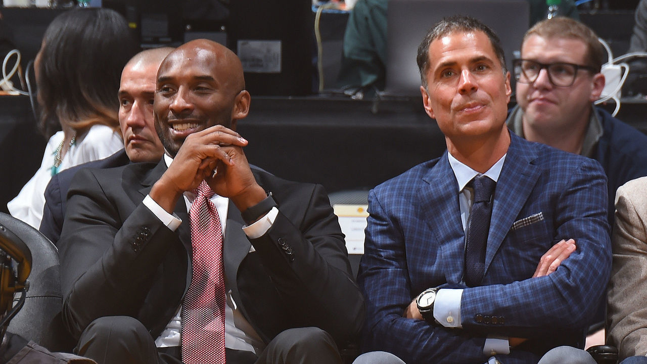 LOS ANGELES, CA - OCTOBER 25: Kobe Bryant and Rob Pelinka enjoy the game between the Denver Nuggets and Los Angeles Lakers on October 25, 2018 at STAPLES Center in Los Angeles, California. NOTE TO USER: User expressly acknowledges and agrees that, by downloading and/or using this Photograph, user is consenting to the terms and conditions of the Getty Images License Agreement. Mandatory Copyright Notice: Copyright 2018 NBAE