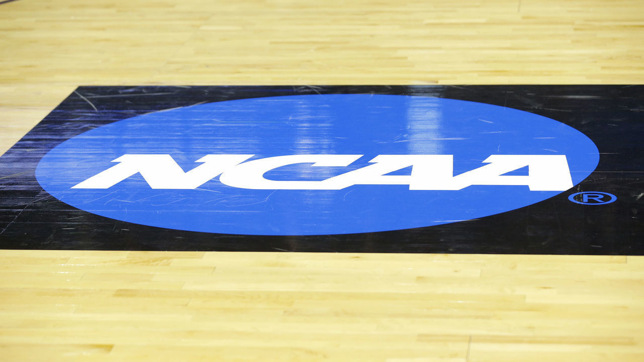 EVANSVILLE, IN - MARCH 30: The NCAA Logo on display prior to the NCAA Division II Final Four Championship basketball game between the Northwest Missouri State Bearcats and the Point Loma Sea Lions on March 30, 2019, at the Ford Center in Evansville, Indiana.