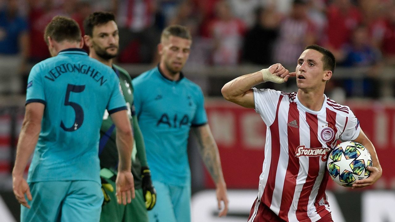 Olympiakos' Portuguese midfielder Daniel Podence celebrates after scoring a goal during the UEFA Champions League Group B football match Olympiakos vs Tottenham Hotspur on September 18, 2019 at the Georgios Karaiskakis Stadium in Athens.