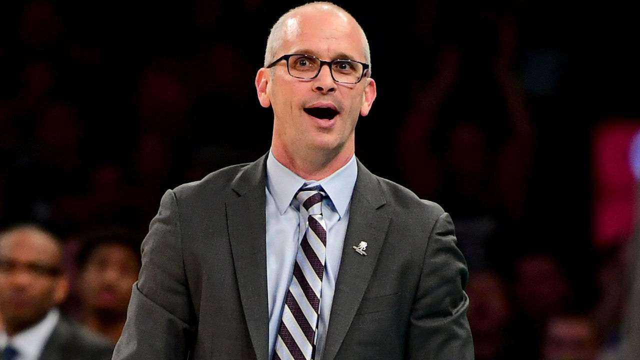 NEW YORK, NEW YORK - NOVEMBER 16: Head coach Dan Hurley of the Connecticut Huskies is ejected from the game against the Iowa Hawkeyes during the championship game of the 2K Empire Classic at Madison Square Garden on November 16, 2018 in New York City.