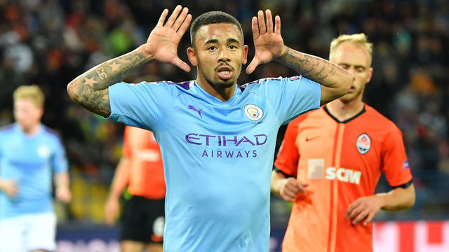 Manchester City's Brazilian striker Gabriel Jesus celebrates after scoring a goal during the UEFA Champions League Group C football match between FC Shakhtar Donetsk and Manchester City FC at the OSK Metalist stadium in Kharkiv on September 18, 2019.