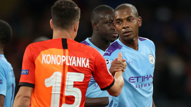 KHARKOV, UKRAINE - SEPTEMBER 18: Fernandinho of Manchester City and Gustavo Blanco Leschuk of Shakhtar Donetsk shake hands during the UEFA Champions League group C match between Shakhtar Donetsk and Manchester City at Metalist Stadium on September 18, 2019 in Kharkov, Ukraine.