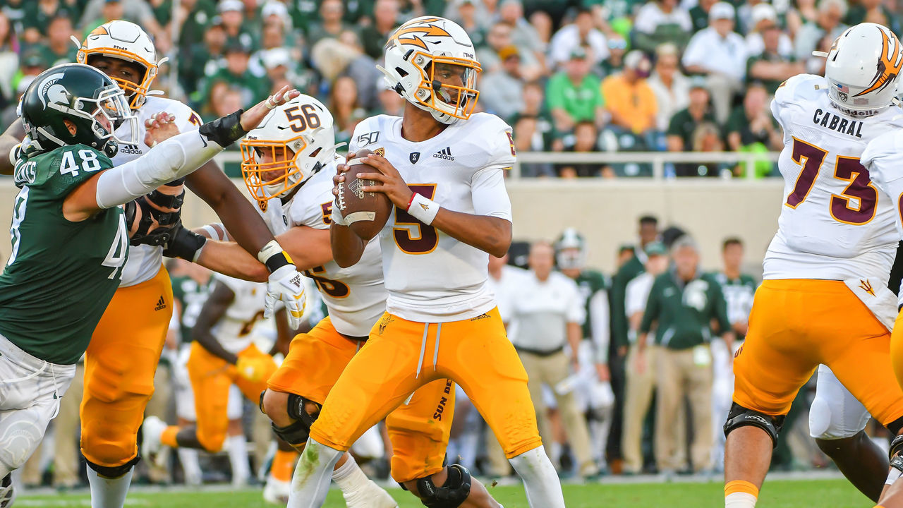 EAST LANSING, MI - SEPTEMBER 14: Michigan State defensive end Kenny Willekes (48) gets around his block to strip the ball from Arizona State quarterback Jayden Daniels (5) during in the football game between the Arizona State Sun Devils and the Michigan State Spartans September 14, 2019 at Spartan Stadium in East Lansing, MI.