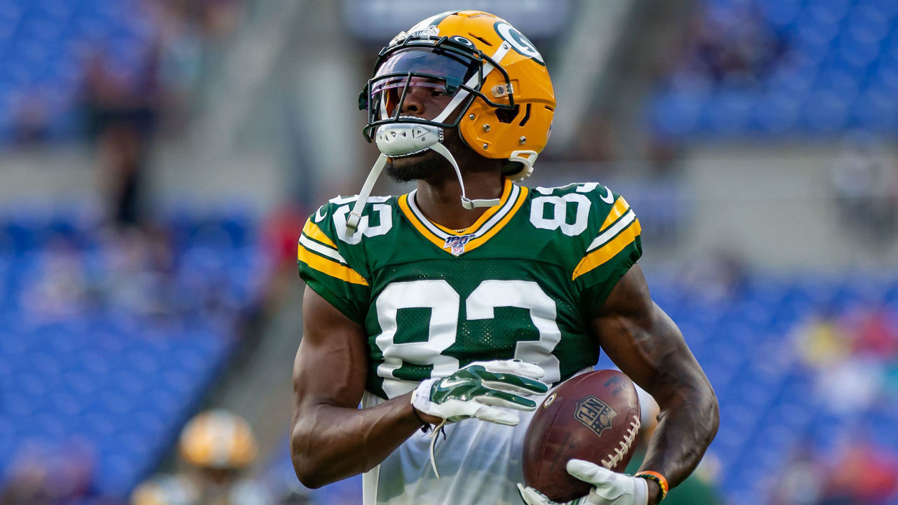 BALTIMORE, MD - AUGUST 15: Green Bay Packers wide receiver Marquez Valdes-Scantling (83) warms up during the National Football League preseason game between the Green Bay Packers and Baltimore Ravens on August 15, 2019 at M&T Bank Stadium in Baltimore, MD
