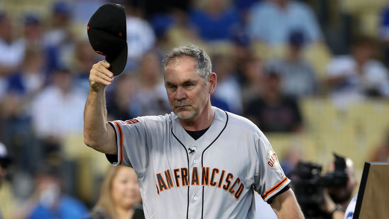 LOS ANGELES, CA - SEPTEMBER 6: Manager Bruce Bochy #15 of the San Francisco Giants tips his hat before the game against the Los Angeles Dodgers at Dodger Stadium on September 6, 2019 in Los Angeles, California. The Giants defeated the Dodgers 5-4.