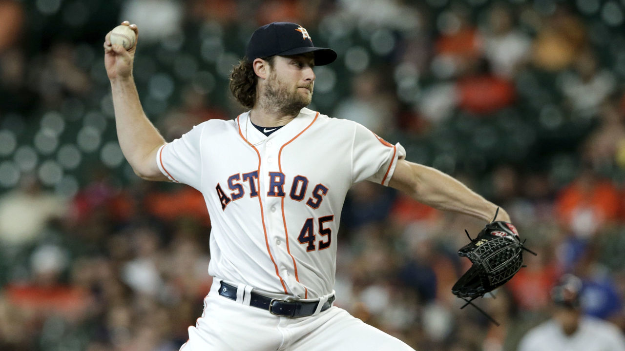 HOUSTON, TX - AUGUST 22: Gerrit Cole #45 of the Houston Astros pitches in the first inning against the Detroit Tigers at Minute Maid Park on August 22, 2019 in Houston, Texas.