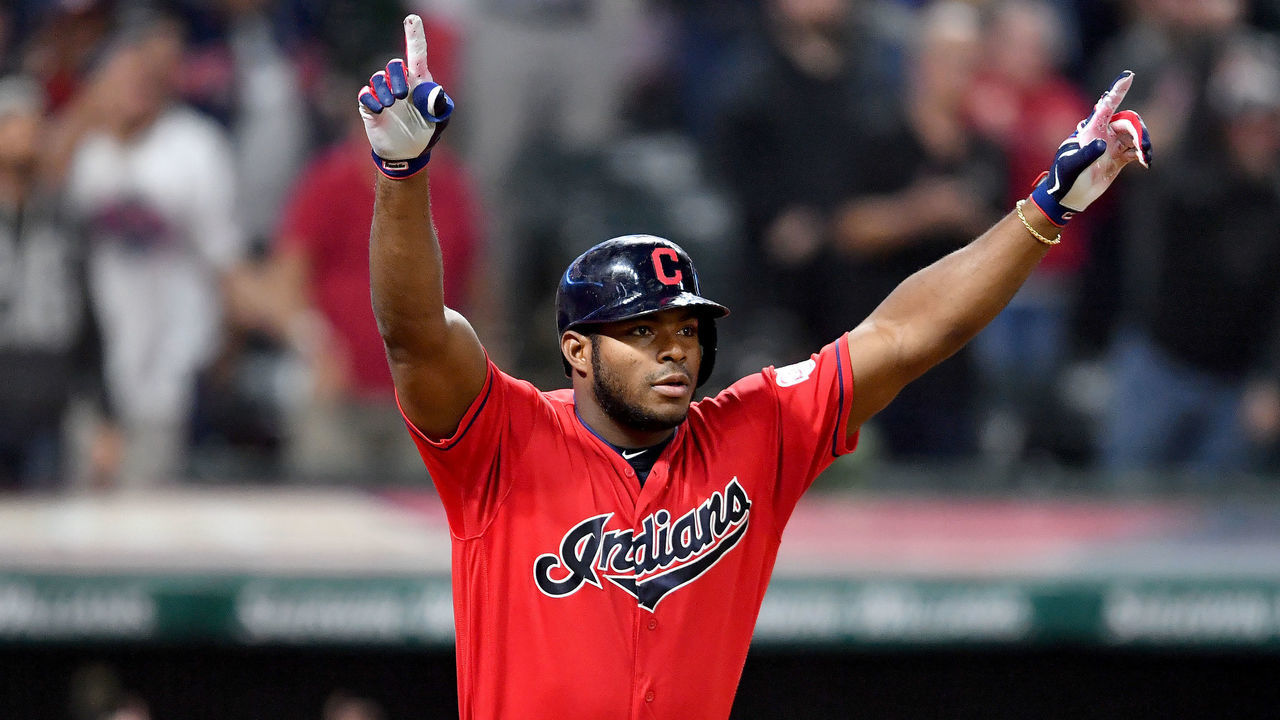CLEVELAND, OHIO - SEPTEMBER 18: Yasiel Puig #66 of the Cleveland Indians celebrates after hitting a walk-off RBI single to deep right during the tenth inning against the Detroit Tigers at Progressive Field on September 18, 2019 in Cleveland, Ohio. The Indians defeated the Tigers 2-1 in ten innings.