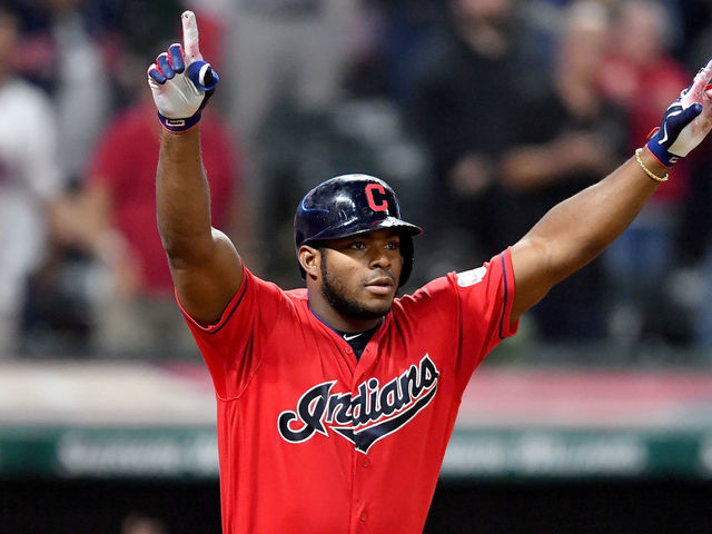 CLEVELAND, OHIO - SEPTEMBER 18: Yasiel Puig #66 of the Cleveland Indians celebrates after hitting a walk-off RBI single to deep right during the tenth inning against the Detroit Tigers at Progressive Field on September 18, 2019 in Cleveland, Ohio. The Indians defeated the Tigers 2-1 in ten innings.