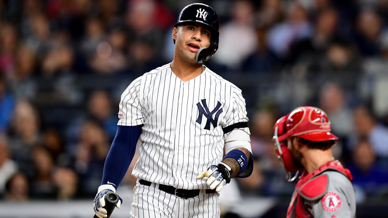 NEW YORK, NEW YORK - SEPTEMBER 18: Gleyber Torres #25 of the New York Yankees reacts after striking out in inning five of their game against the Los Angeles Angels at Yankee Stadium on September 18, 2019 in the Bronx borough of New York City.