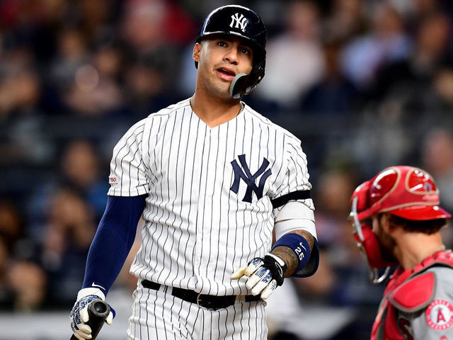 NEW YORK, NEW YORK - SEPTEMBER 18: Gleyber Torres #25 of the New York Yankees reacts after striking out in inning five of their game against the Los Angeles Angels at Yankee Stadium on September 18, 2019 in the Bronx borough of New York City.