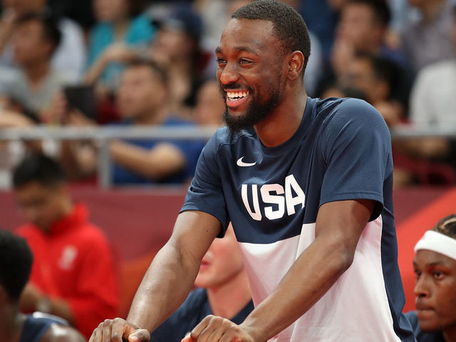BEIJING, CHINA - SEPTEMBER 14: Kemba Walker of USA reacts during the games 7-8 of 2019 FIBA World Cup match between USA and Poland at Beijing Wukesong Sport Arena on September 14, 2019 in Beijing, China.