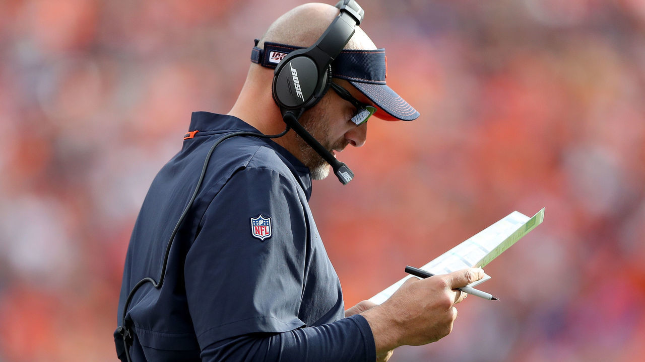 DENVER, COLORADO - SEPTEMBER 15: Head coach Matt Nagy of the Chicago Bears works the sidelines against the Denver Broncos at Empower Field at Mile High on September 15, 2019 in Denver, Colorado.