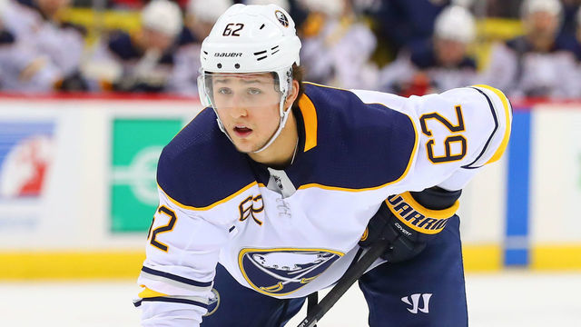 NEWARK, NJ - MARCH 25: Buffalo Sabres defenseman Brandon Montour (62) during the third period of the National Hockey League game between the New Jersey Devils and the Buffalo Sabres on March 25, 2019 at the Prudential Center in Newark, NJ.