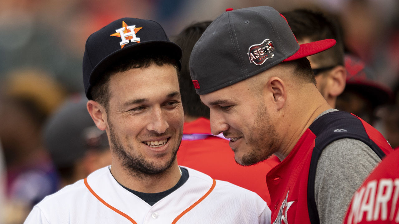 CLEVELAND, OH - JULY 08: Alex Bregman #2 of the Houston Astros talks with Mike Trout #27 of the Los Angeles Angels of Anaheim during the T-Mobile Home Run Derby during the 2019 Major League Baseball All-Star Game at Progressive Field on July 8, 2019 in Cleveland, Ohio.