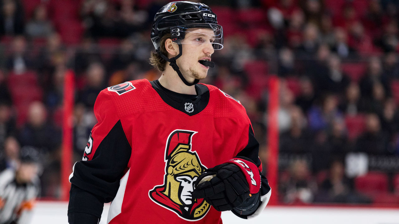 OTTAWA, ON - MARCH 26: Ottawa Senators Defenceman Thomas Chabot (72) waits for a face-off during second period National Hockey League action between the Buffalo Sabres and Ottawa Senators on March 26, 2019, at Canadian Tire Centre in Ottawa, ON, Canada.
