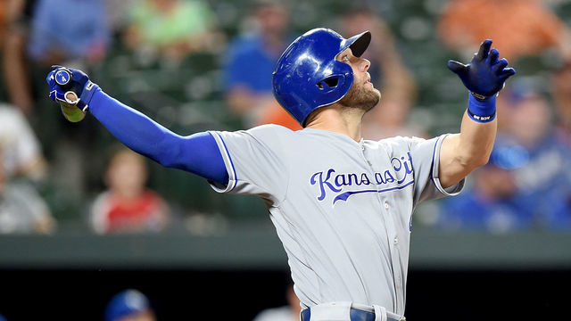 BALTIMORE, MD - AUGUST 19: Alex Gordon #4 of the Kansas City Royals bats against the Baltimore Orioles at Oriole Park at Camden Yards on August 19, 2019 in Baltimore, Maryland.
