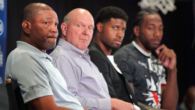 LOS ANGELES, CA - JULY 24: From left, Clippers head coach Doc Rivers, owner Steve Ballmer, Paul George and Kawhi Leonard gather for a press conference at the Green Meadows Recreation Center in Los Angeles on Wednesday, July 24, 2019. George and Leonard were introduced to the media and fans as the newest members of the Clippers.