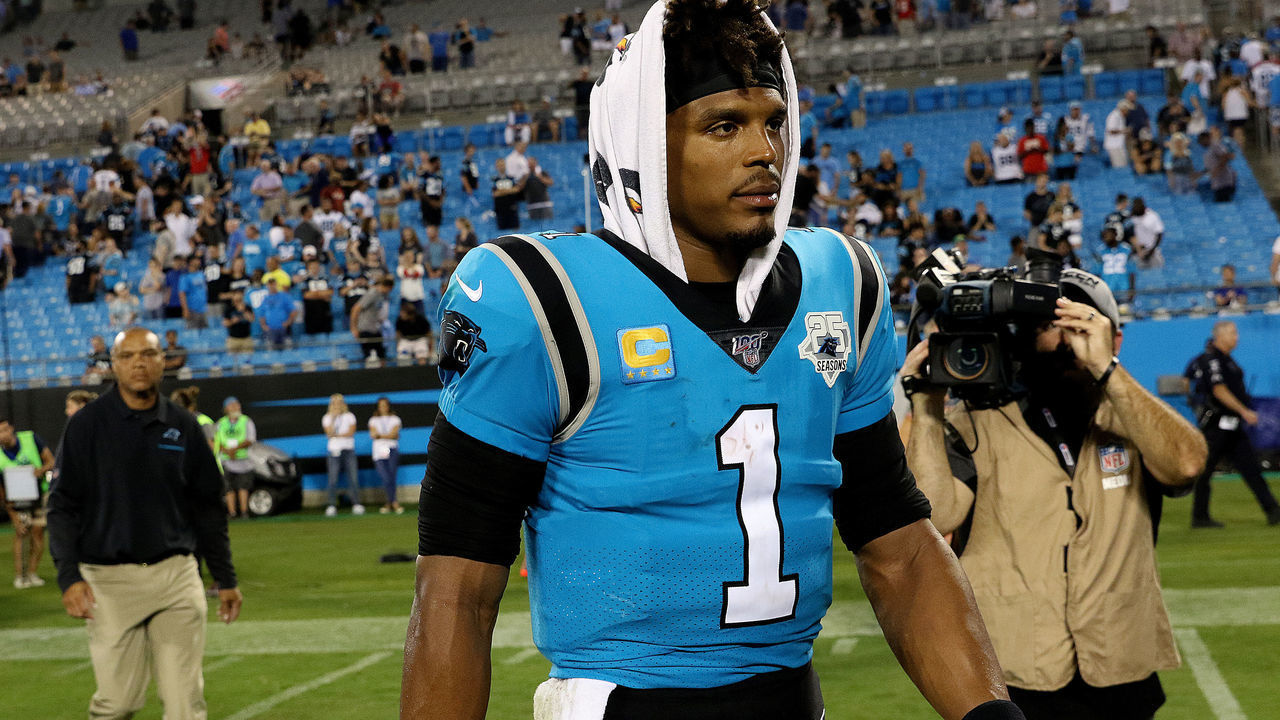 CHARLOTTE, NC - SEPTEMBER 12: Cam Newton (1) quarterback of Carolina during a NFL football game between the Tampa Bay Buccaneers and the Carolina Panthers on September 12, 2019, at Bank of America Stadium in Charlotte, N.C.