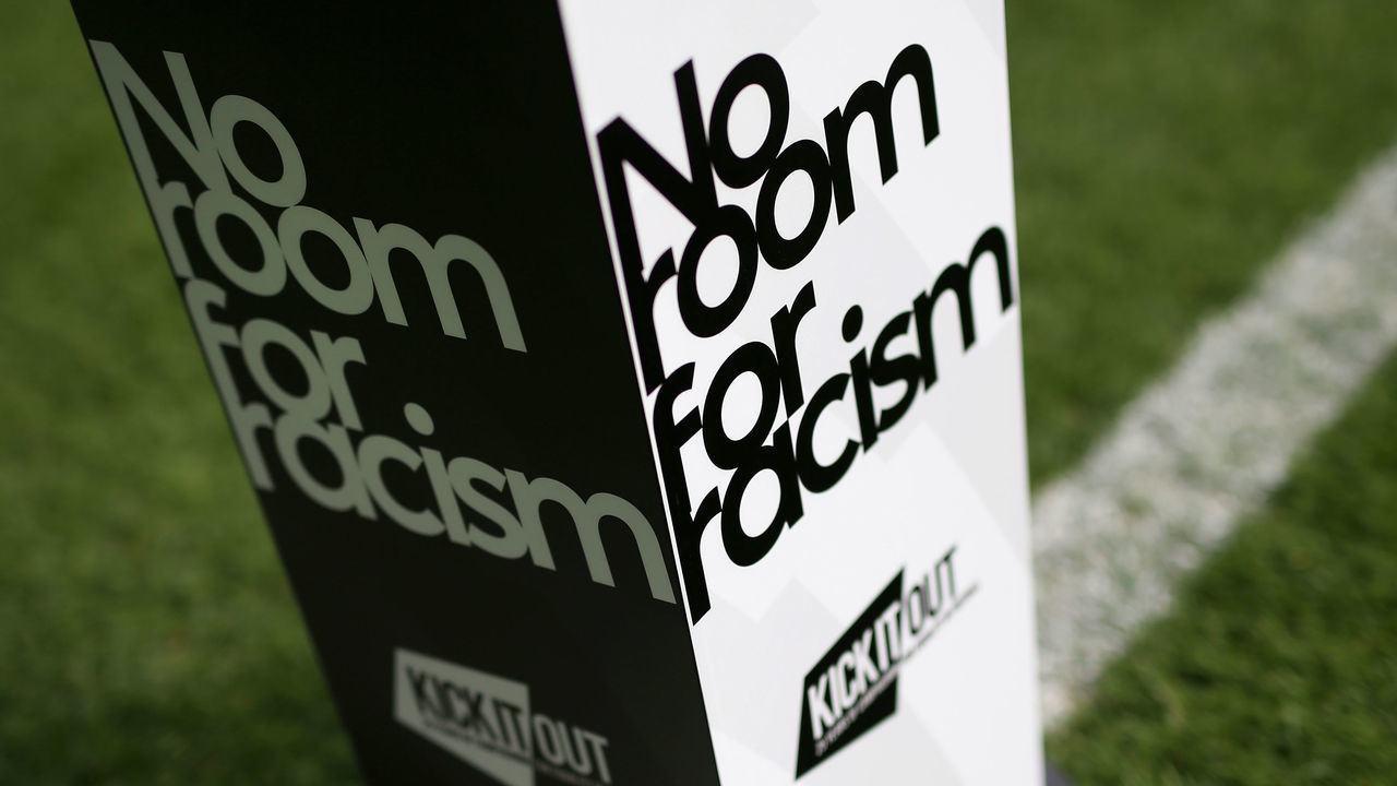 LIVERPOOL, ENGLAND - APRIL 07: 'Kick It Out' anti-racism adverts are seen ahead of the Premier League match between Everton and Arsenal at Goodison Park on April 7, 2019 in Liverpool, United Kingdom.