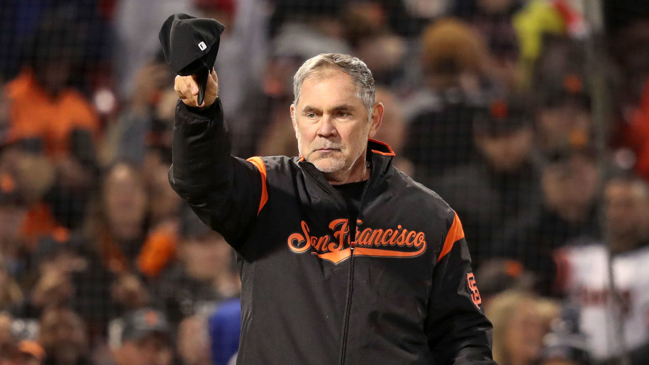 BOSTON - SEPTEMBER 18: San Francisco Giants manager Bruce Bochy returns a salute from the Red Sox dugout following his 2000th career win as a manager. The Boston Red Sox host the San Francisco Giants in a regular season MLB baseball game at Fenway Park in Boston on Sep. 18, 2019.