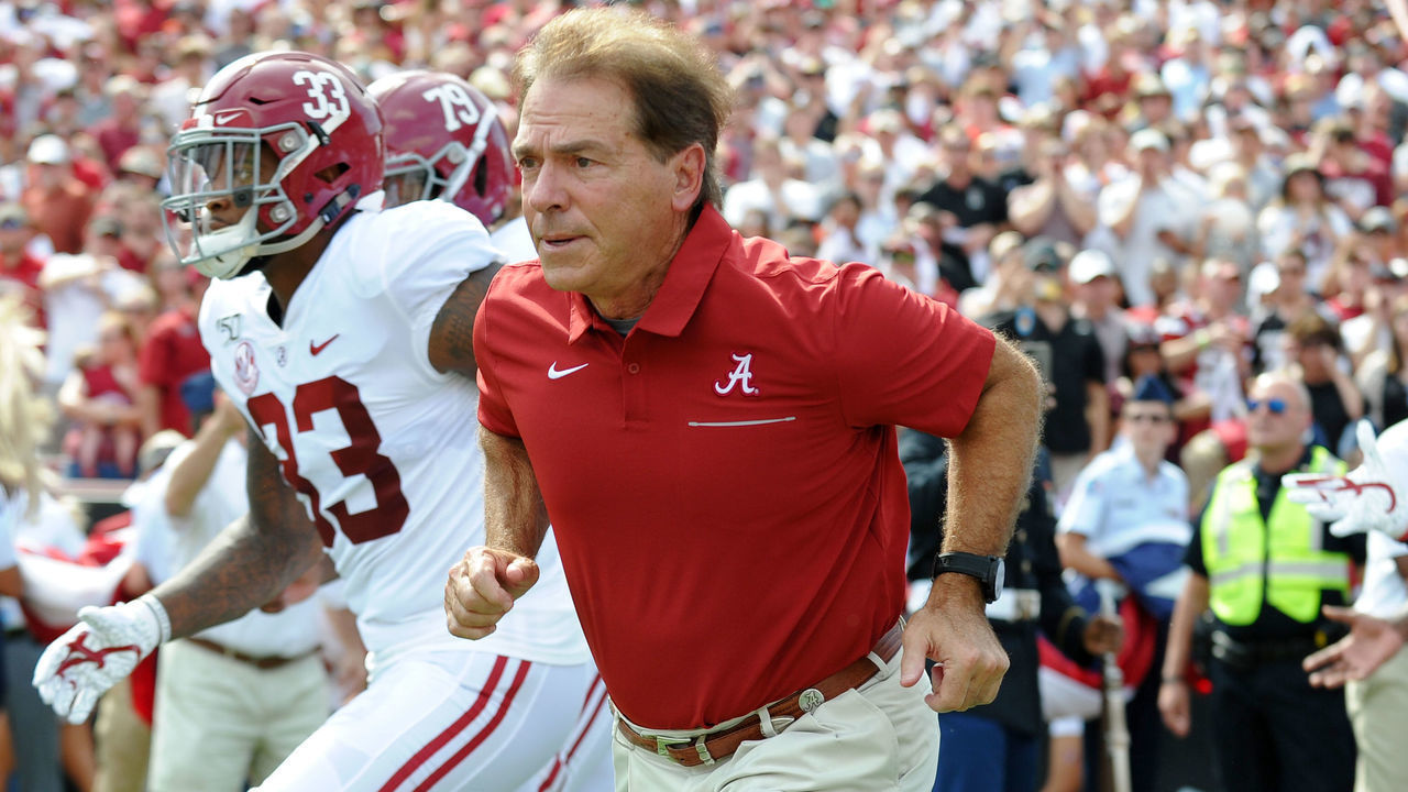 COLUMBIA, SC - SEPTEMBER 14: Alabama Crimson Tide head coach Nick Saban leads his team onto the field prior to the game between the Alabama Crimson Tide and the South Carolina Gamecocks on September 14, 2019 at Williams-Brice Stadium in Columbia,SC.