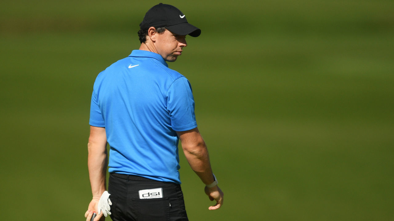 VIRGINIA WATER, ENGLAND - SEPTEMBER 19: Rory McIlroy of Northern Ireland reacts on the 18th green during Day One of the BMW PGA Championship at Wentworth Golf Club on September 19, 2019 in Virginia Water, United Kingdom.