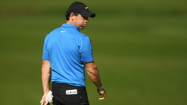 VIRGINIA WATER, ENGLAND - SEPTEMBER 19: Rory McIlroy of Northern Ireland reacts on the 18th green during Day One of the BMW PGA Championship at Wentworth Golf Club on September 19, 2019 in Virginia Water, United Kingdom.