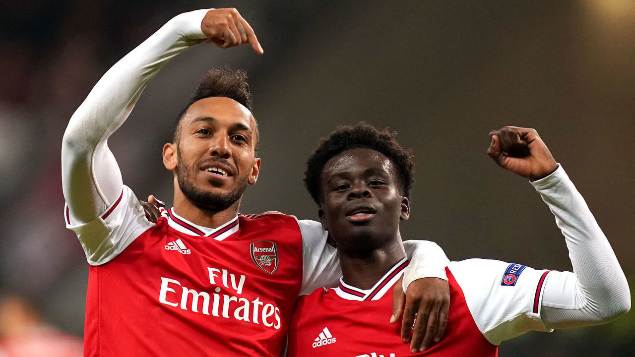 Arsenal's Pierre-Emerick Aubameyang and Bukayo Saka celebrate their victory after the final whistle Eintracht Frankfurt v Arsenal - UEFA Europa League - Group F - Commerzbank-Arena 19-09-2019 .