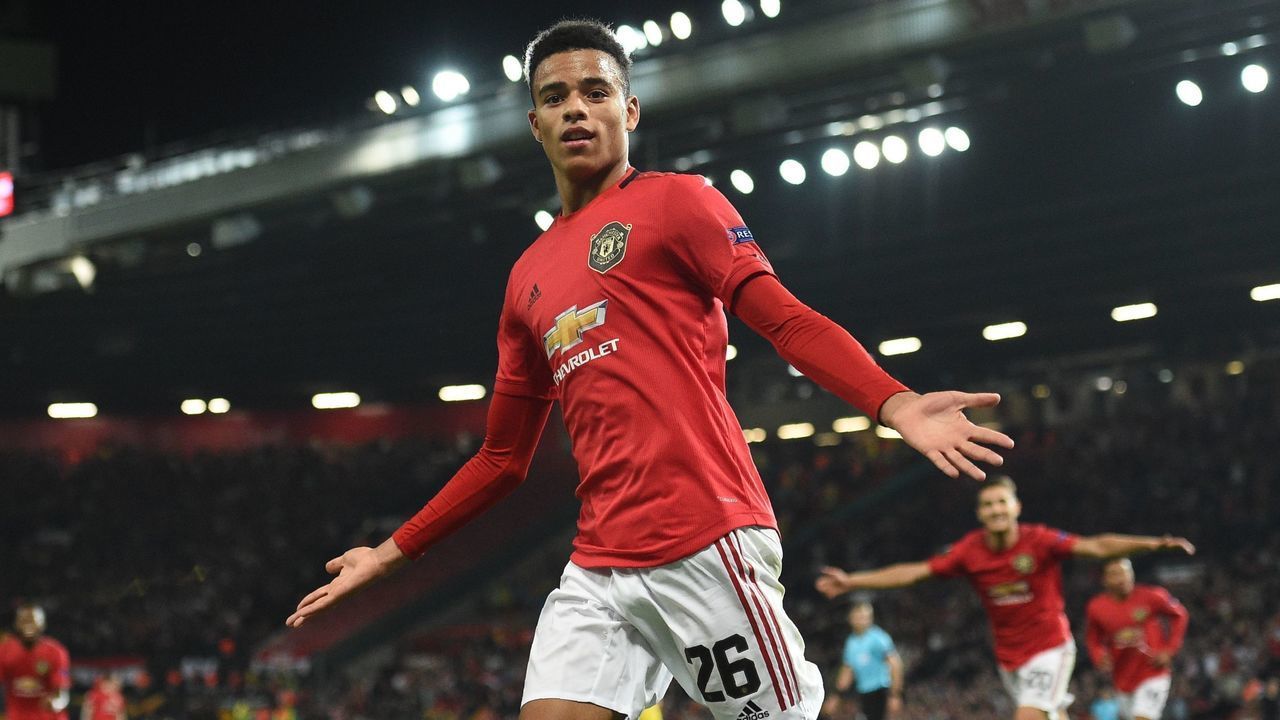 Manchester United's striker Mason Greenwood celebrates after scoring the opening goal of the UEFA Europa League Group L football match between Manchester United and Astana at Old Trafford in Manchester, north west England, on September 19, 2019.